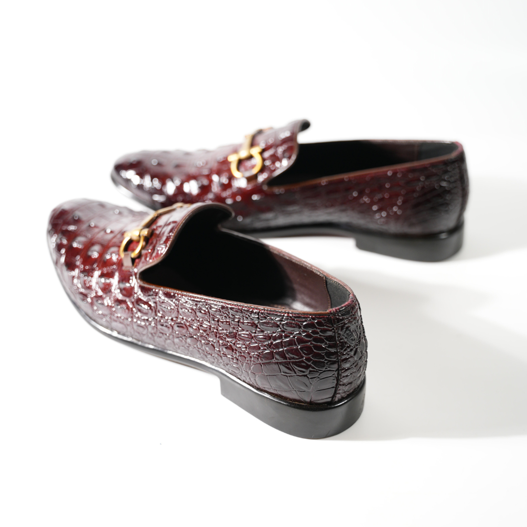 Monkstory Horsebit Exotic Scale Textured Slip-Ons – Burgundy
