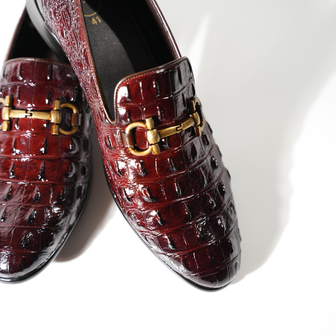 Monkstory Horsebit Exotic Scale Textured Slip-Ons – Burgundy