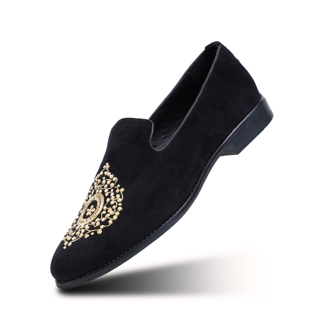 Monkstory Maharaja Zardosi Embroidered Slip-Ons – Black