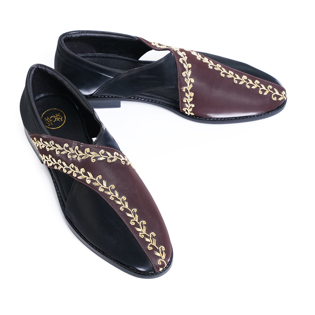 Monkstory Two Tone Embroidered Nawabi Sandals - Black/Brown