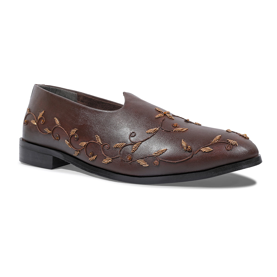 Monkstory Regal Floral Zardosi Mojari – Brown
