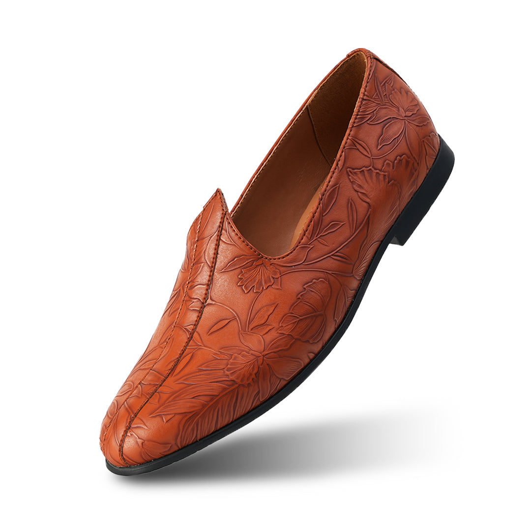 Myntra Coloured Loafers Womens Monkstory Floral Mojari Tan