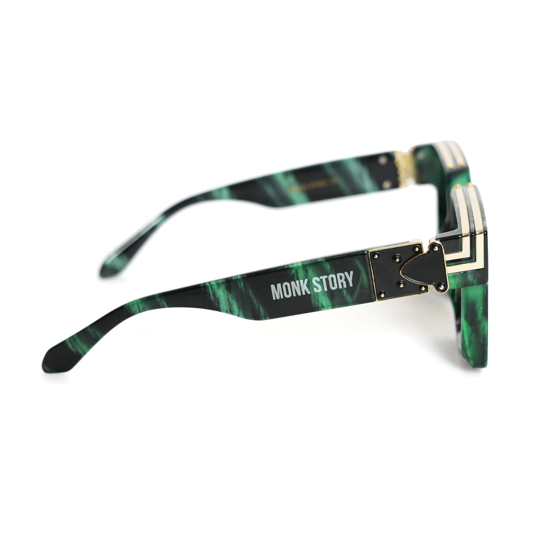A green Monkstory Millionaire Unisex Wayfarer sunglasses with black lenses designed to protect against UV rays.