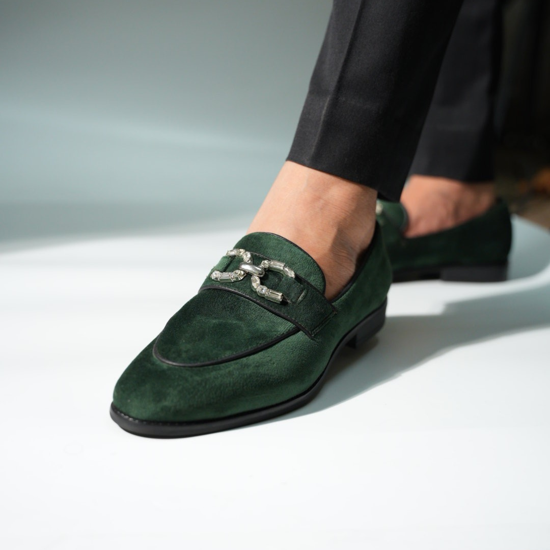 Monkstory Velvet Crystal Bit Loafers – Royal Green