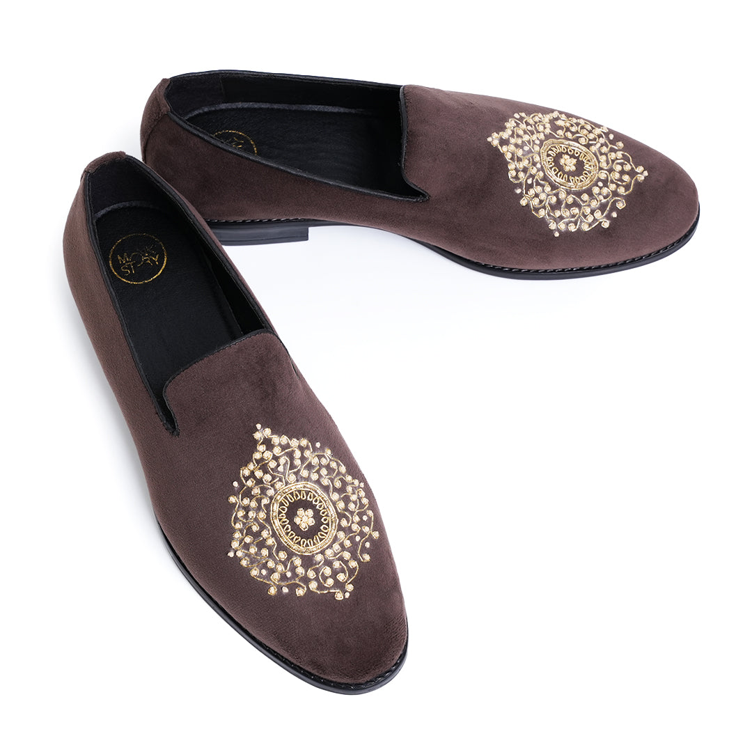 Monkstory Maharaja Zardosi Embroidered Slip-Ons – Brown