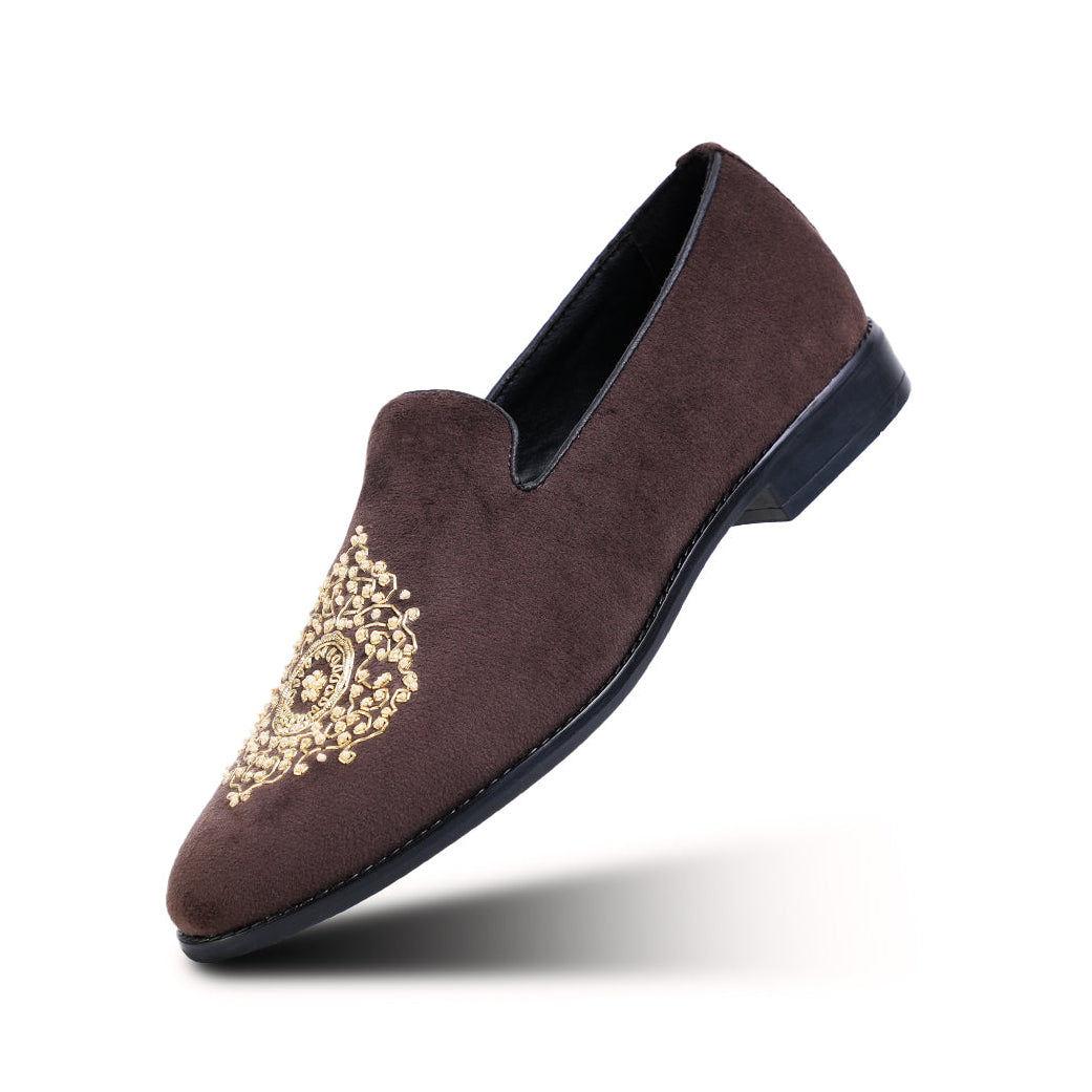 Monkstory Maharaja Zardosi Embroidered Slip-Ons – Brown