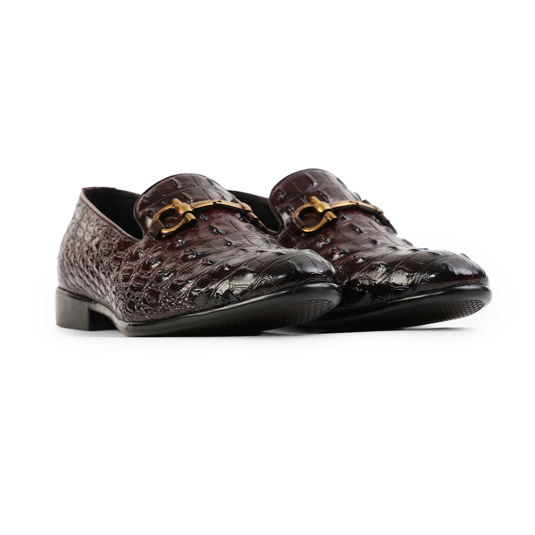 Monkstory Horsebit Exotic Scale Textured Slip-Ons – Burgundy