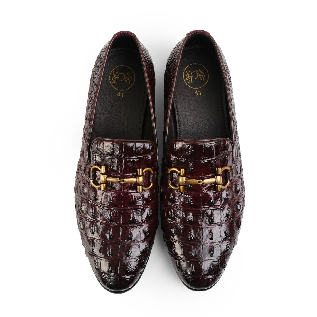 Monkstory Horsebit Exotic Scale Textured Slip-Ons – Burgundy