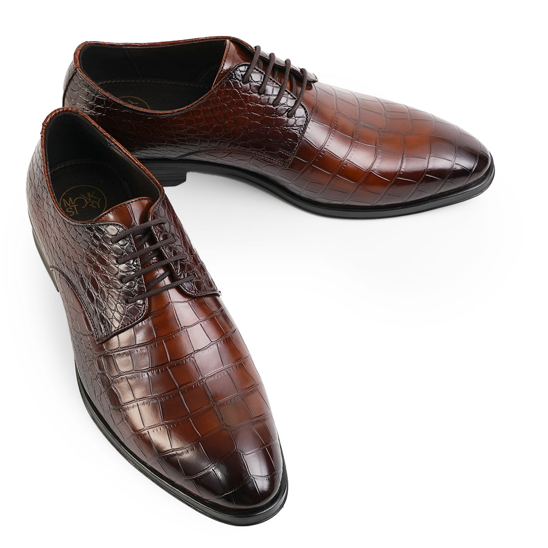 Monkstory Glossy Croc-Effect Lace-Up Oxfords - Burnish Brown