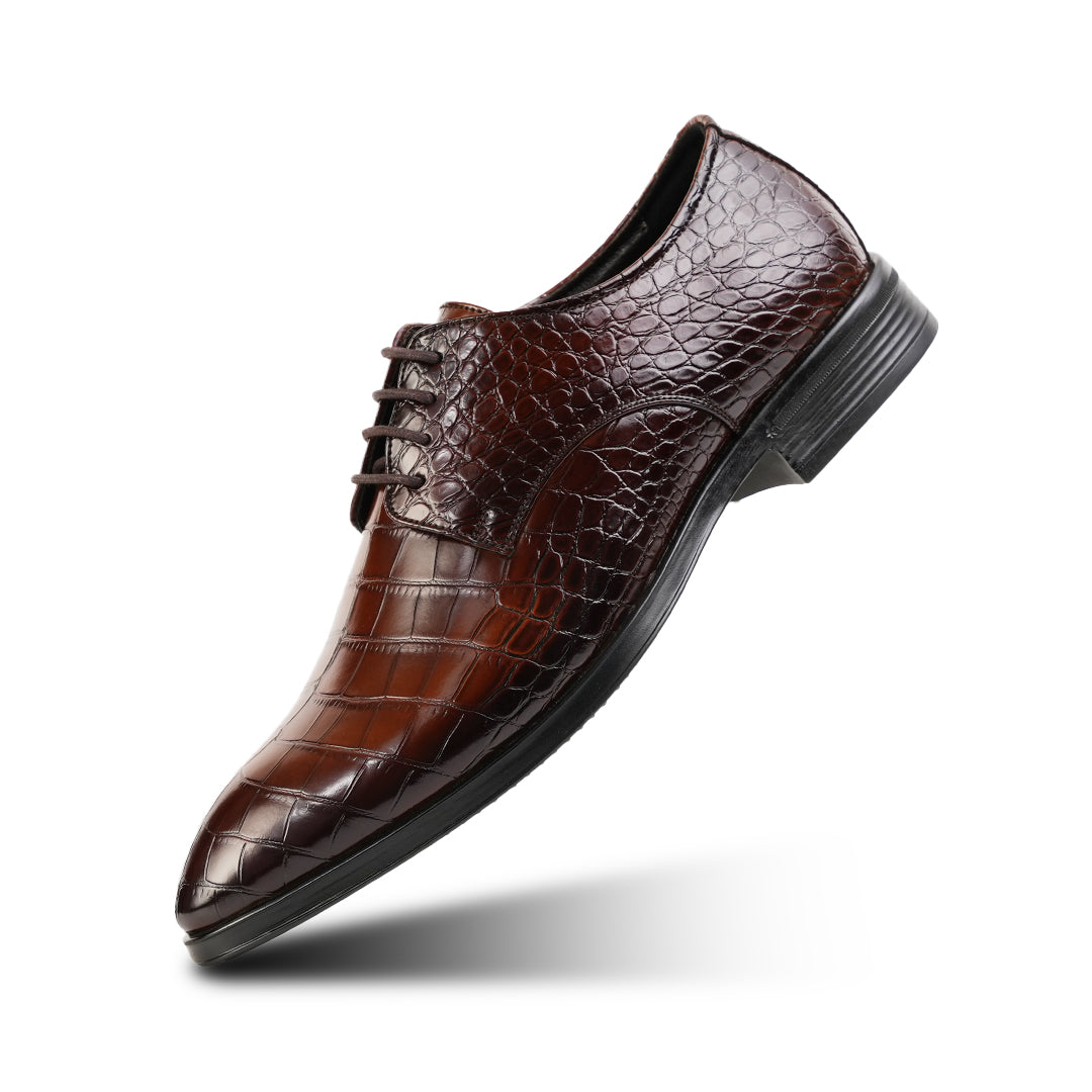 Monkstory Glossy Croc-Effect Lace-Up Oxfords - Burnish Brown