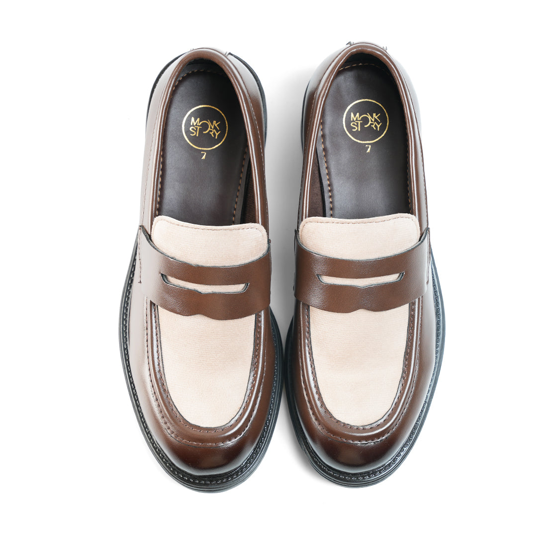 Monkstory Cosmopolitan Contrast Penny Loafers - Brown/Beige