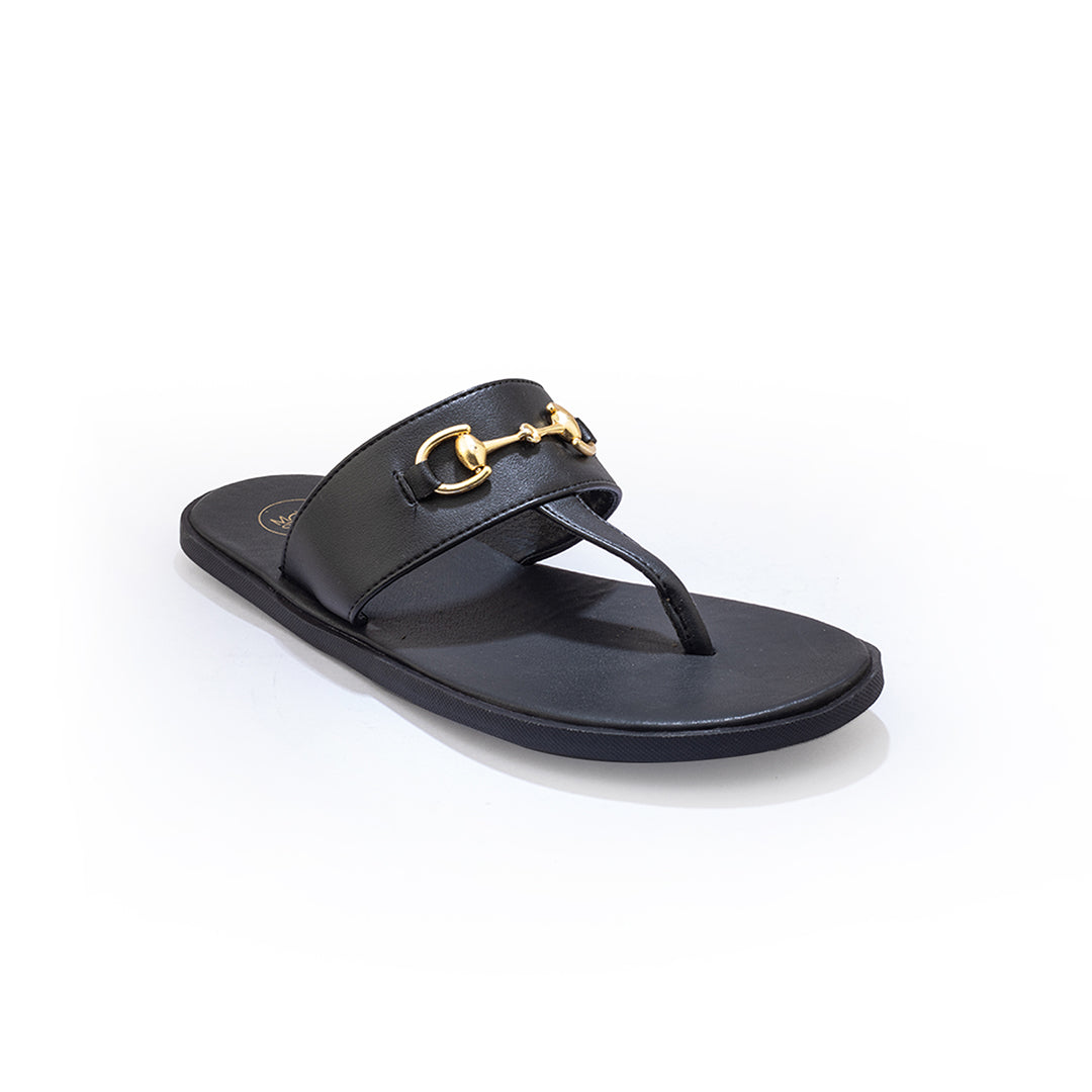 A pair of Monkstory T-Rad Horsebit Sandals in black leather with a gold buckle.
