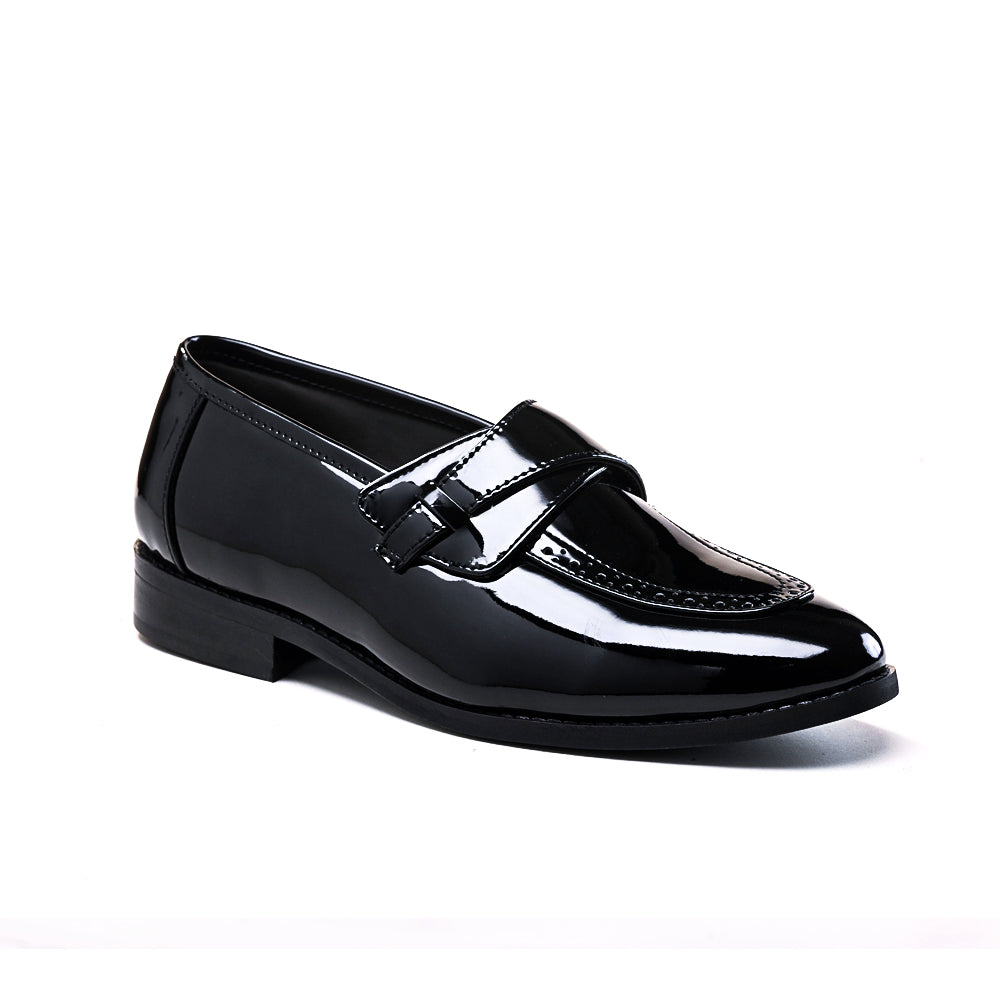 A pair of Drezzire Classic Patent Slip-Ons - Black from monkstory on a white background.