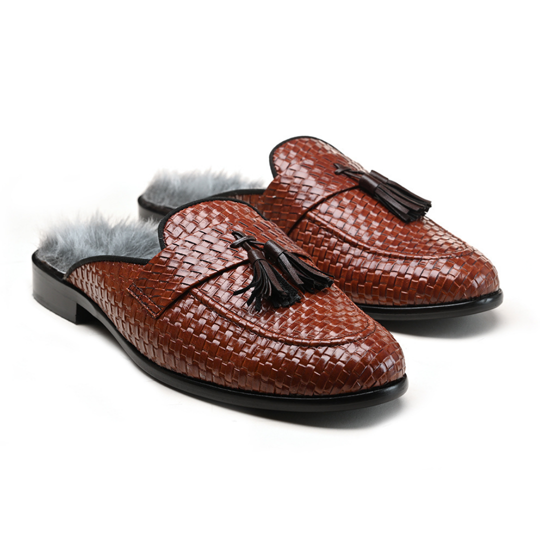 A monkstory men's high-class brown woven slipper with tassels and Luxious Mule Shoes Tan faux-fur insoles.