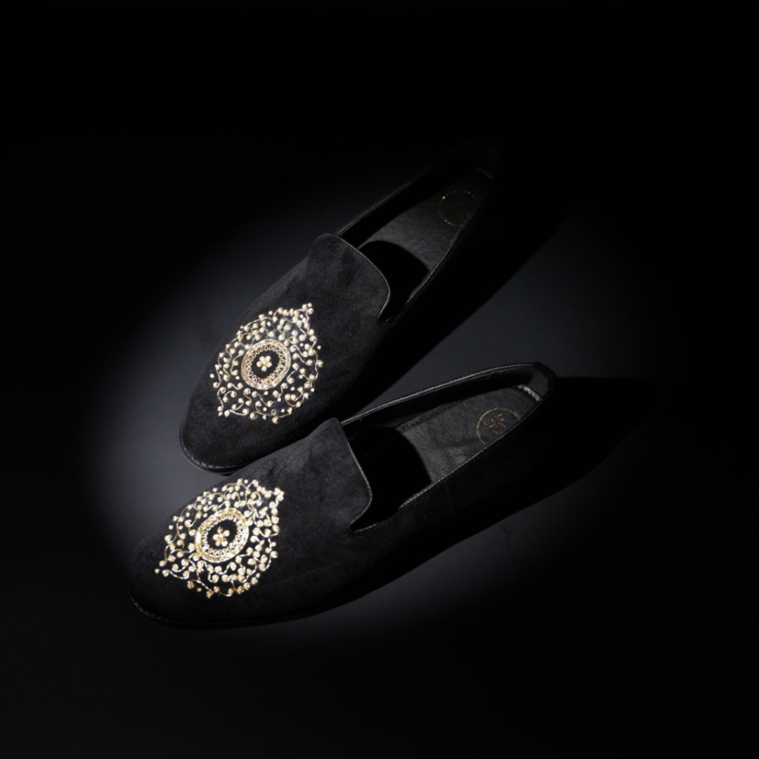 Monkstory Maharaja Zardosi Embroidered Slip-Ons – Black