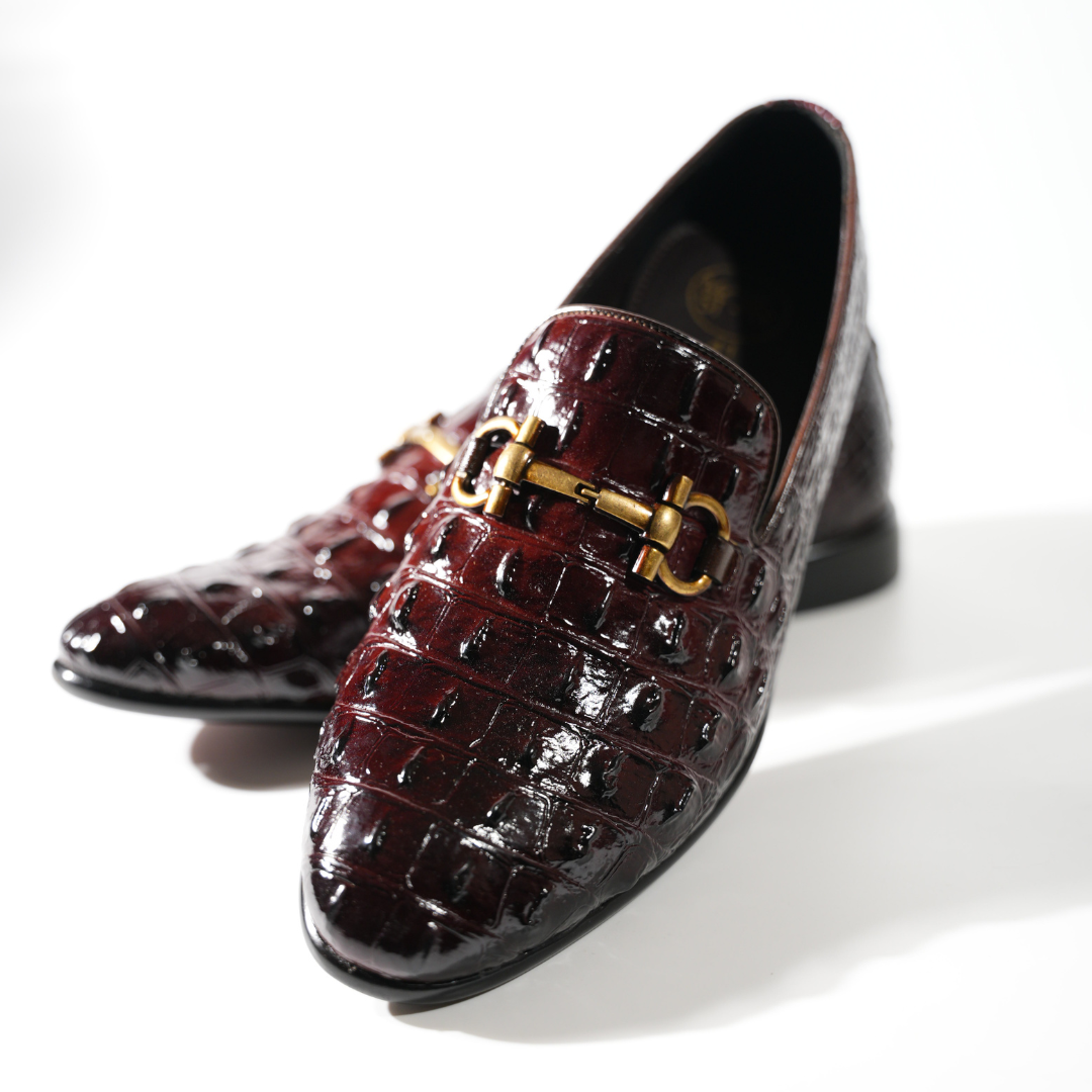 Monkstory Horsebit Exotic Scale Textured Slip-Ons – Burgundy