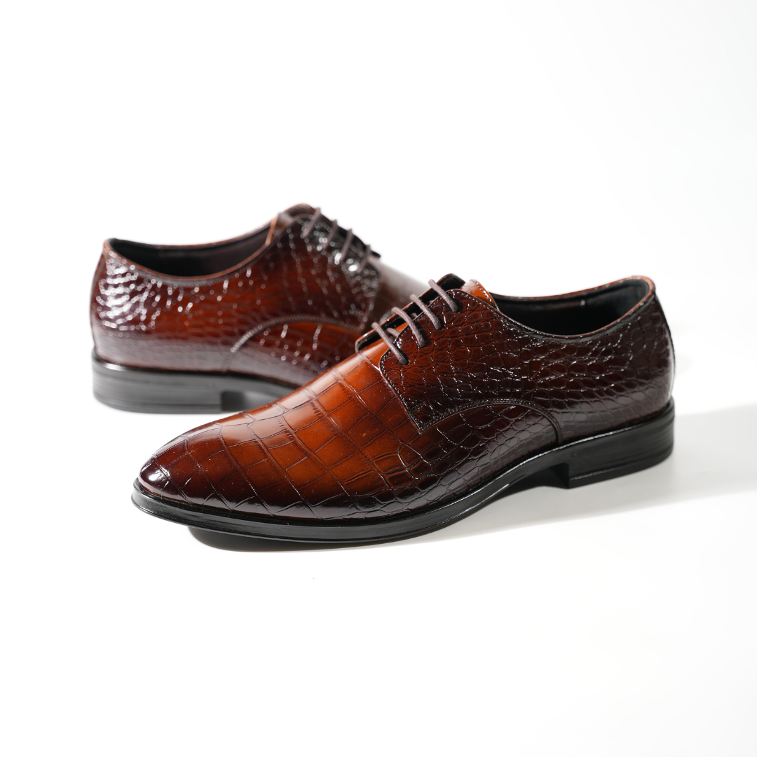 Monkstory Glossy Croc-Effect Lace-Up Oxfords - Burnish Brown