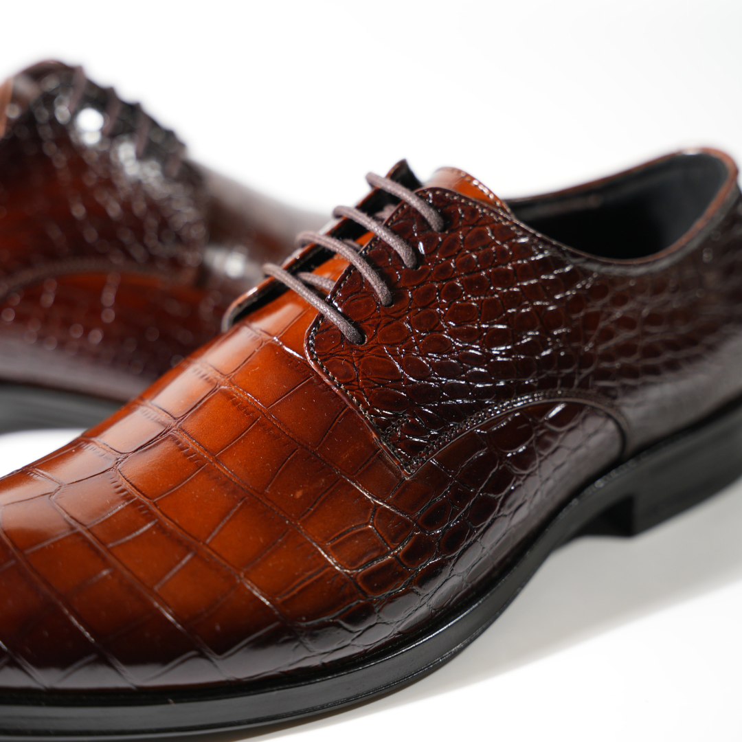 Monkstory Glossy Croc-Effect Lace-Up Oxfords - Burnish Brown