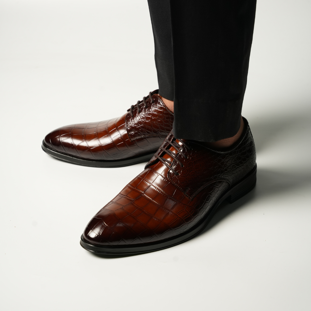 Monkstory Glossy Croc-Effect Lace-Up Oxfords - Burnish Brown