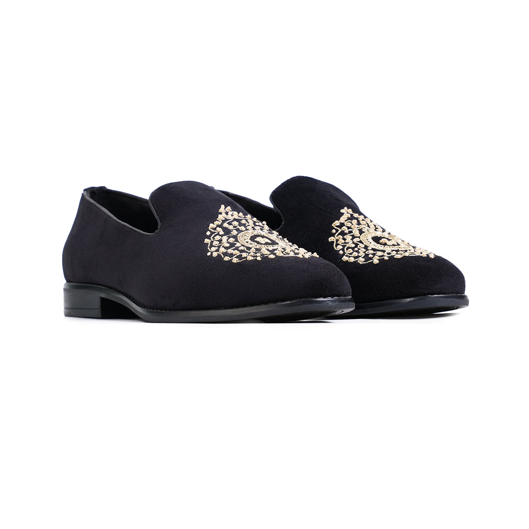 Monkstory Maharaja Zardosi Embroidered Slip-Ons – Black