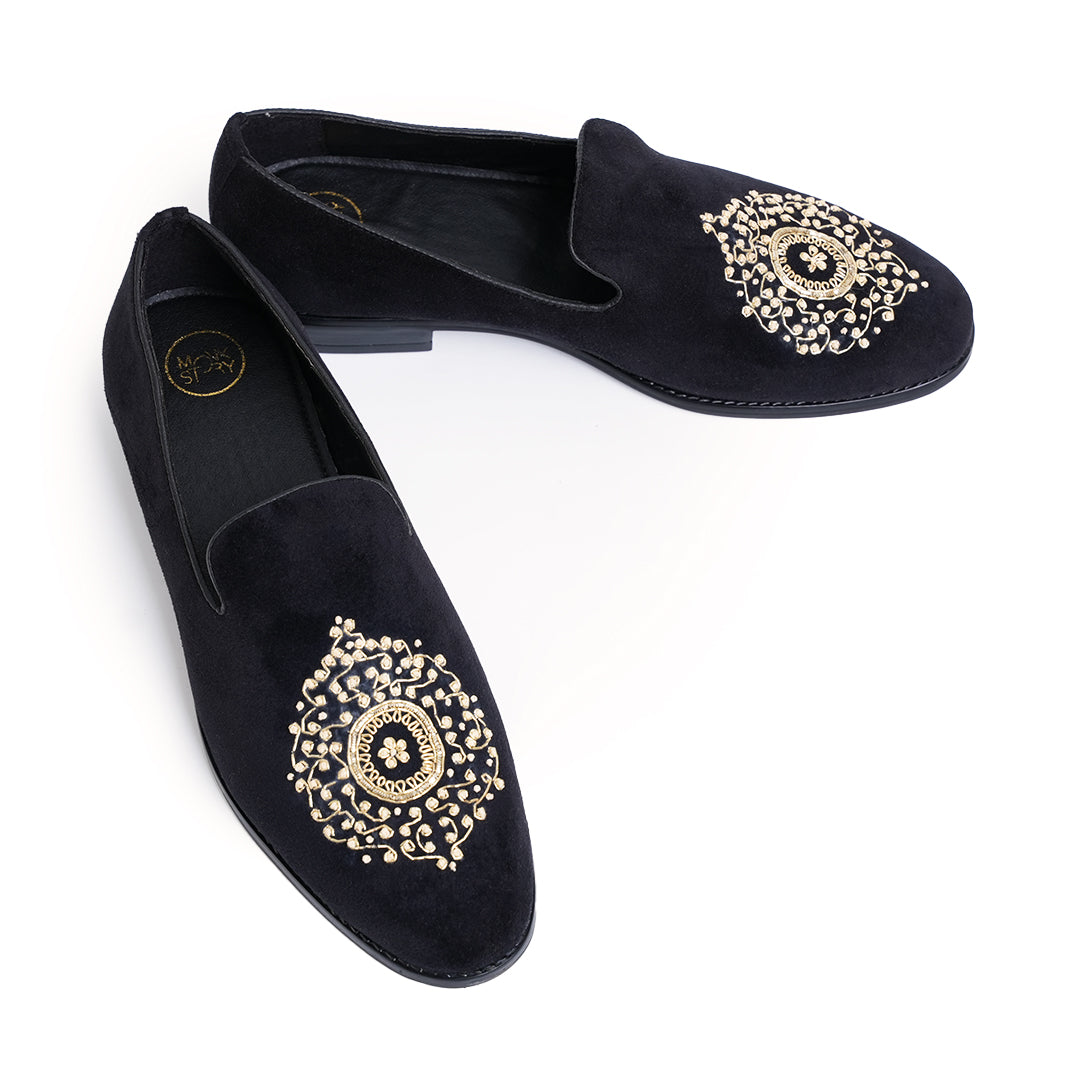 Monkstory Maharaja Zardosi Embroidered Slip-Ons – Black