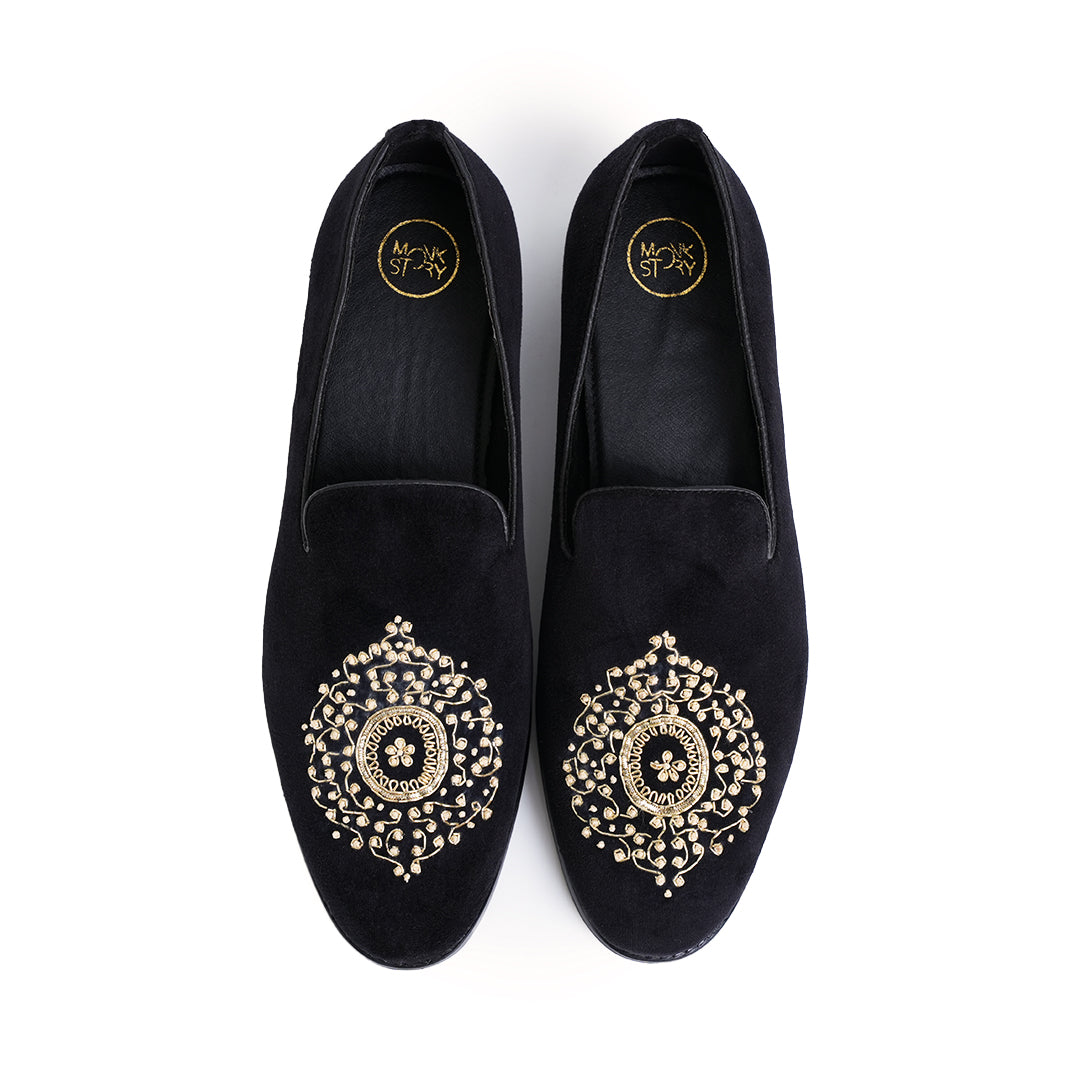 Monkstory Maharaja Zardosi Embroidered Slip-Ons – Black