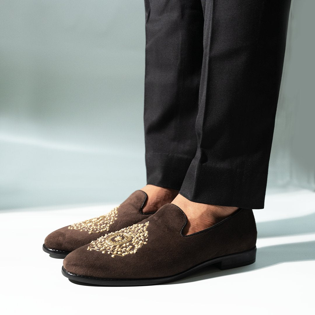 Monkstory Maharaja Zardosi Embroidered Slip-Ons – Brown