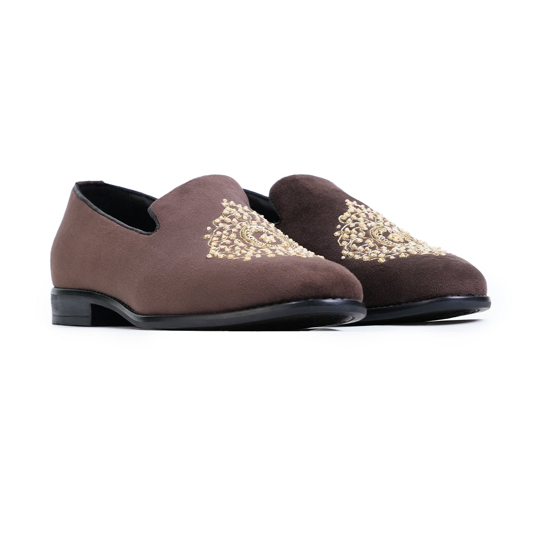 Monkstory Maharaja Zardosi Embroidered Slip-Ons – Brown