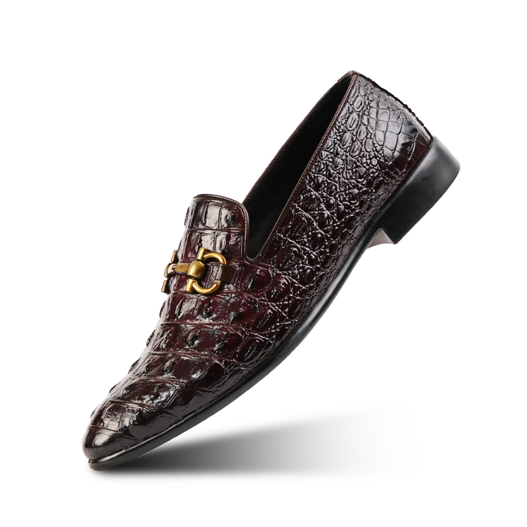 Monkstory Horsebit Exotic Scale Textured Slip-Ons – Burgundy