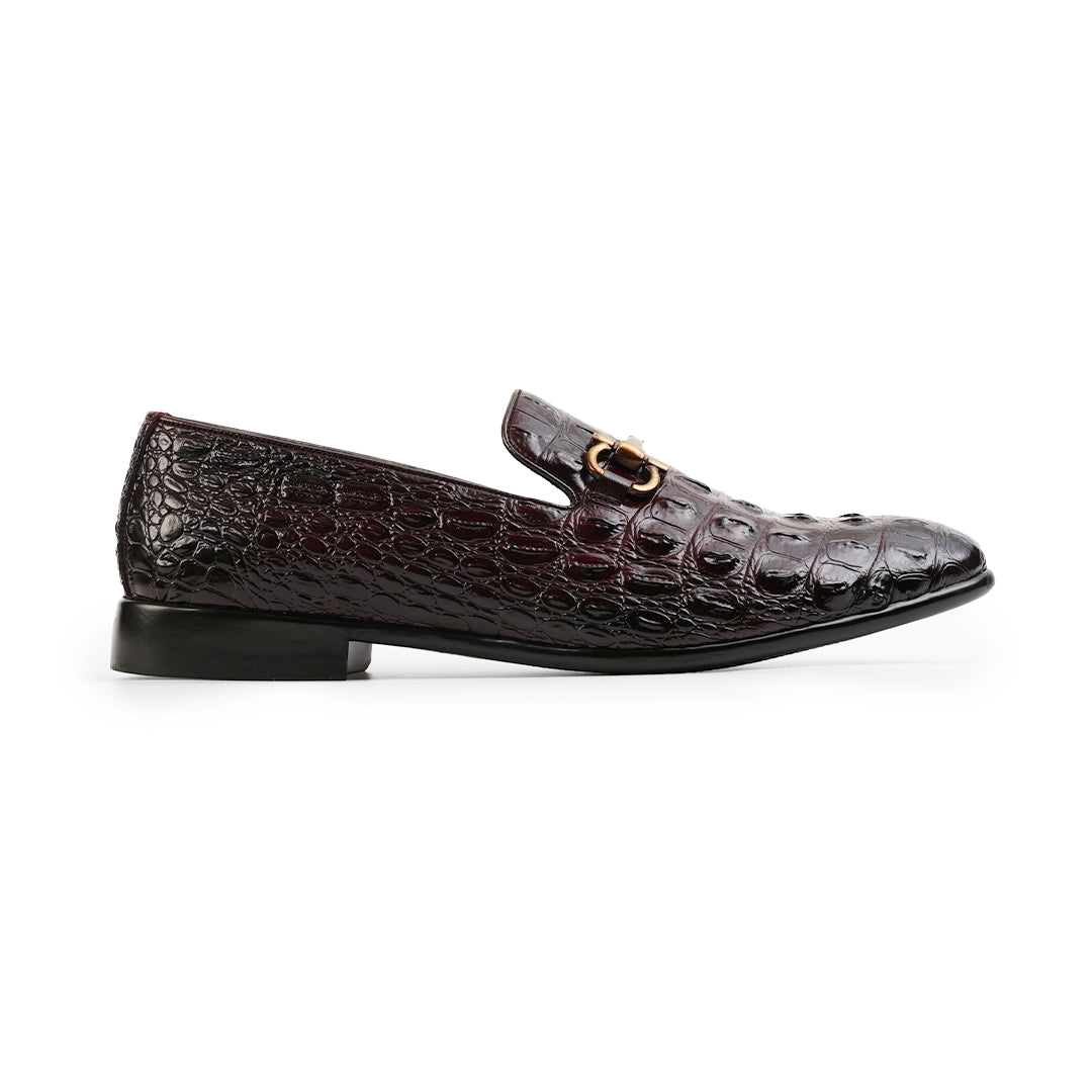 Monkstory Horsebit Exotic Scale Textured Slip-Ons – Burgundy