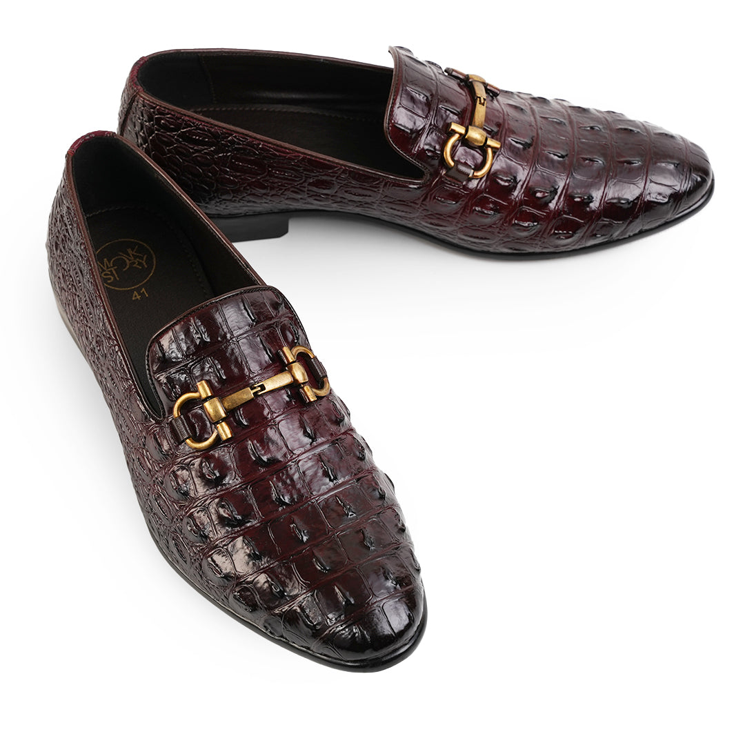 Monkstory Horsebit Exotic Scale Textured Slip-Ons – Burgundy