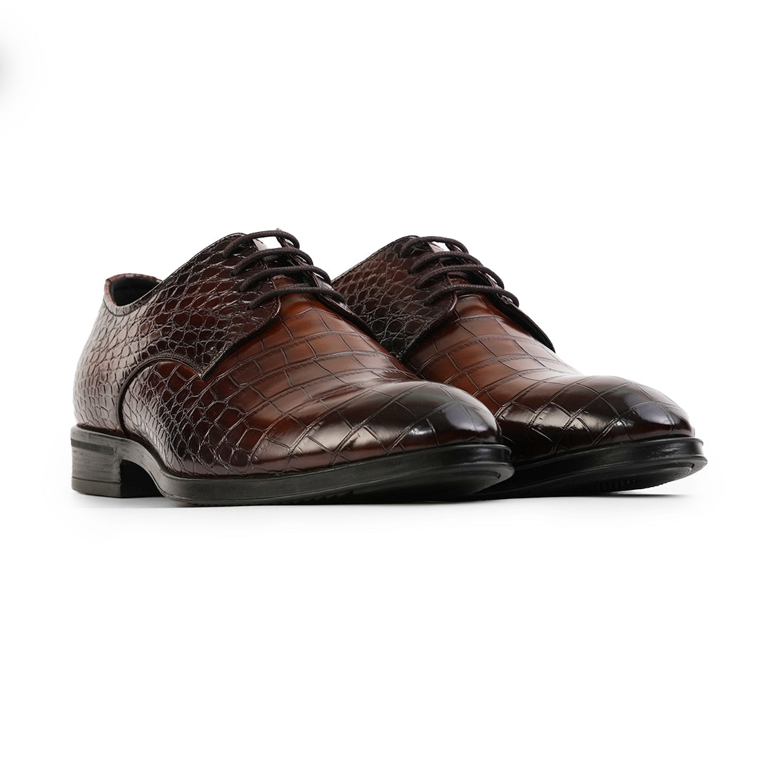 Monkstory Glossy Croc-Effect Lace-Up Oxfords - Burnish Brown