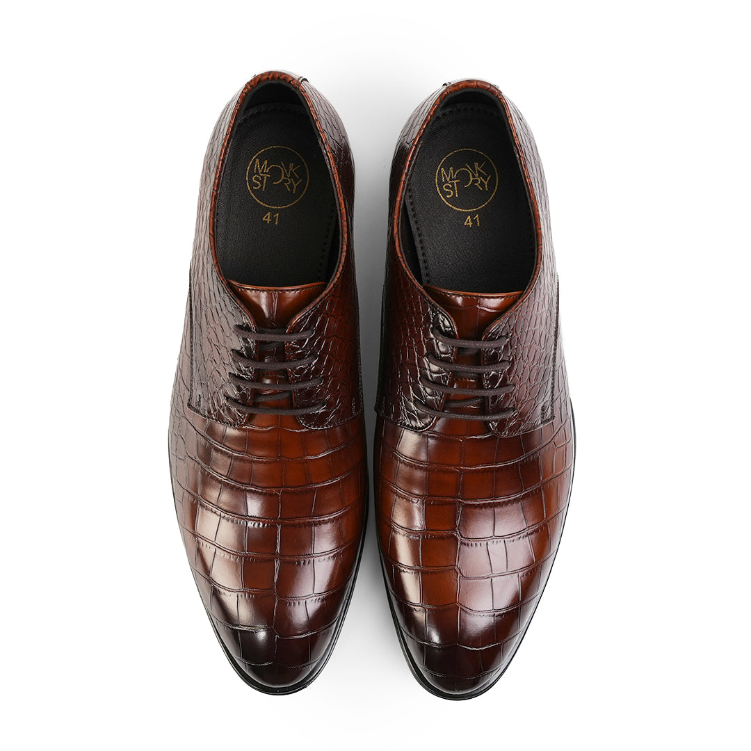 Monkstory Glossy Croc-Effect Lace-Up Oxfords - Burnish Brown
