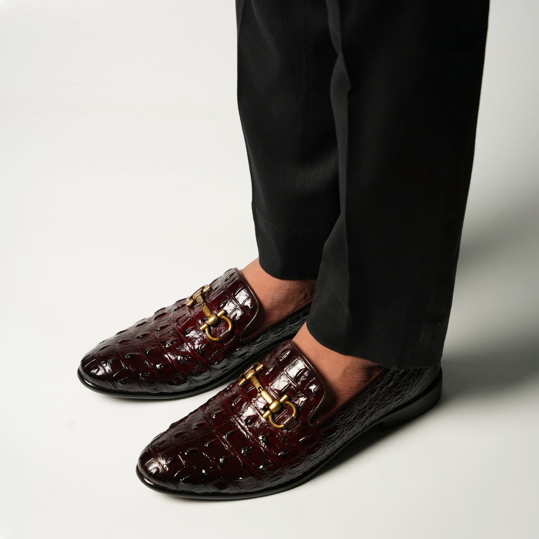 Monkstory Horsebit Exotic Scale Textured Slip-Ons – Burgundy