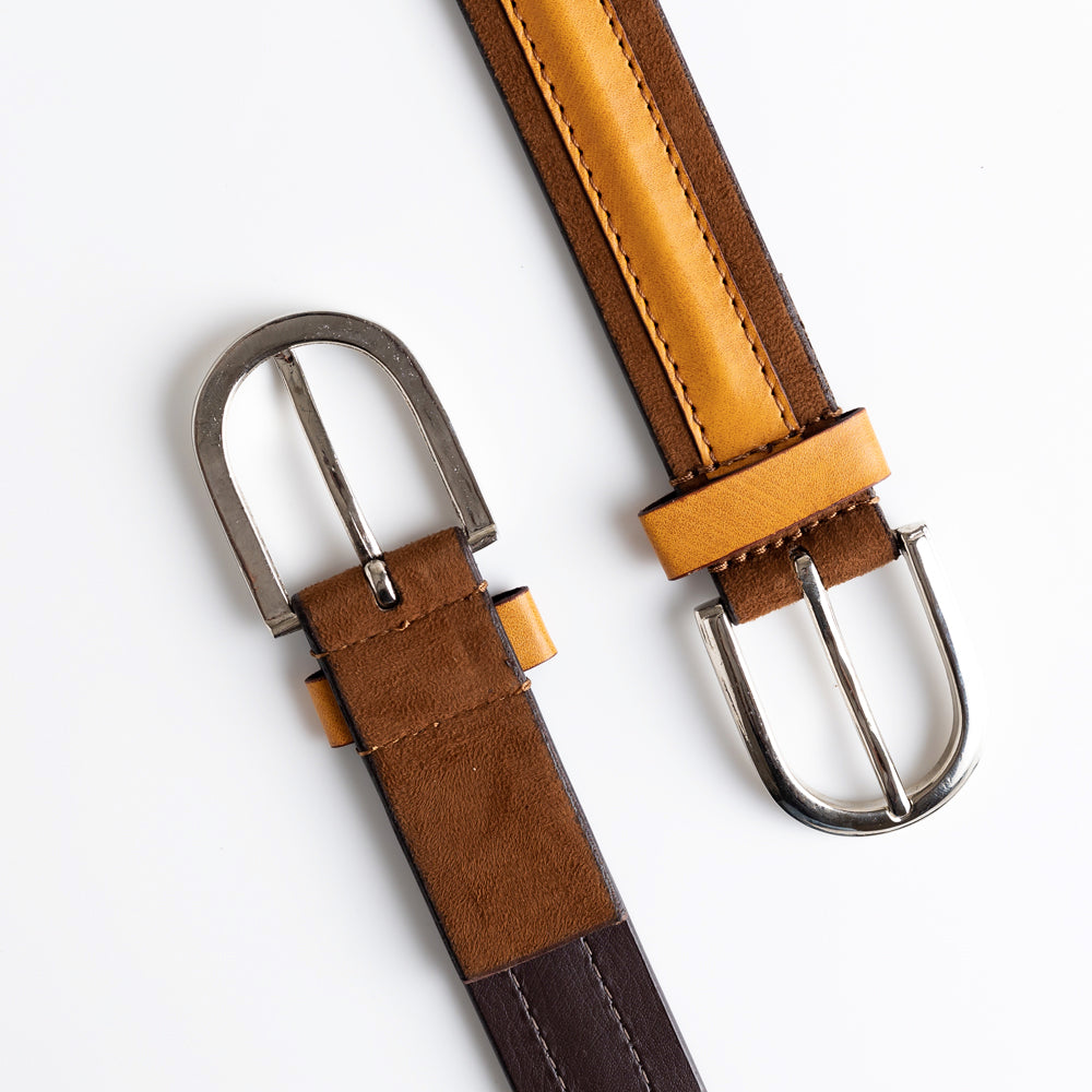 A MonkStory Dual Color Classic Mens Belt made from eco-friendly materials, featuring a combination of brown and tan leather, showcased on a white background.