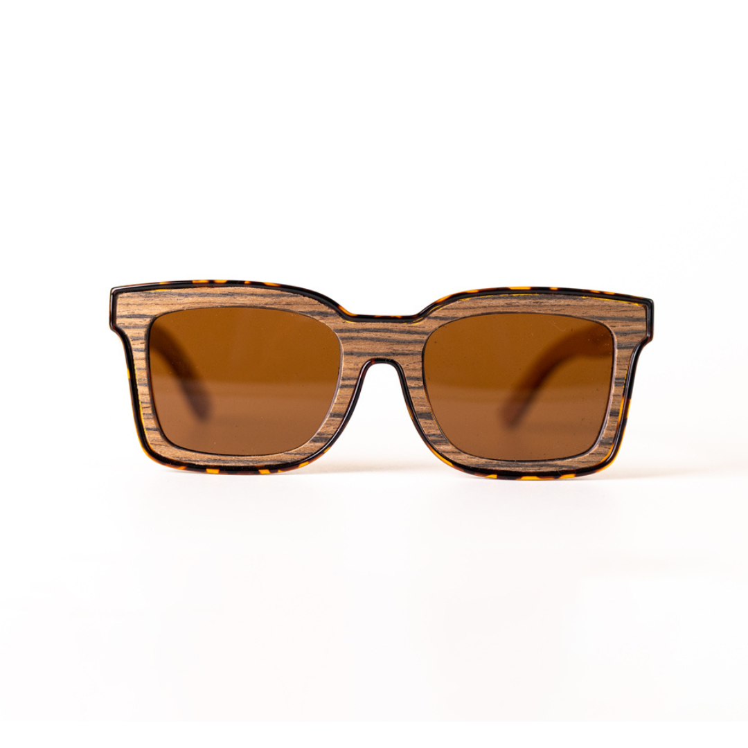 A pair of MonkStory Woody Wood+Acetate unisex sunglasses with brown lenses on a white background.
