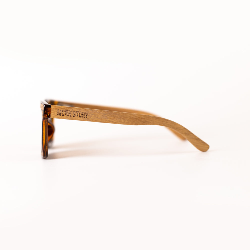 A pair of MonkStory Woody Wood+Acetate unisex sunglasses with brown lenses on a white background.