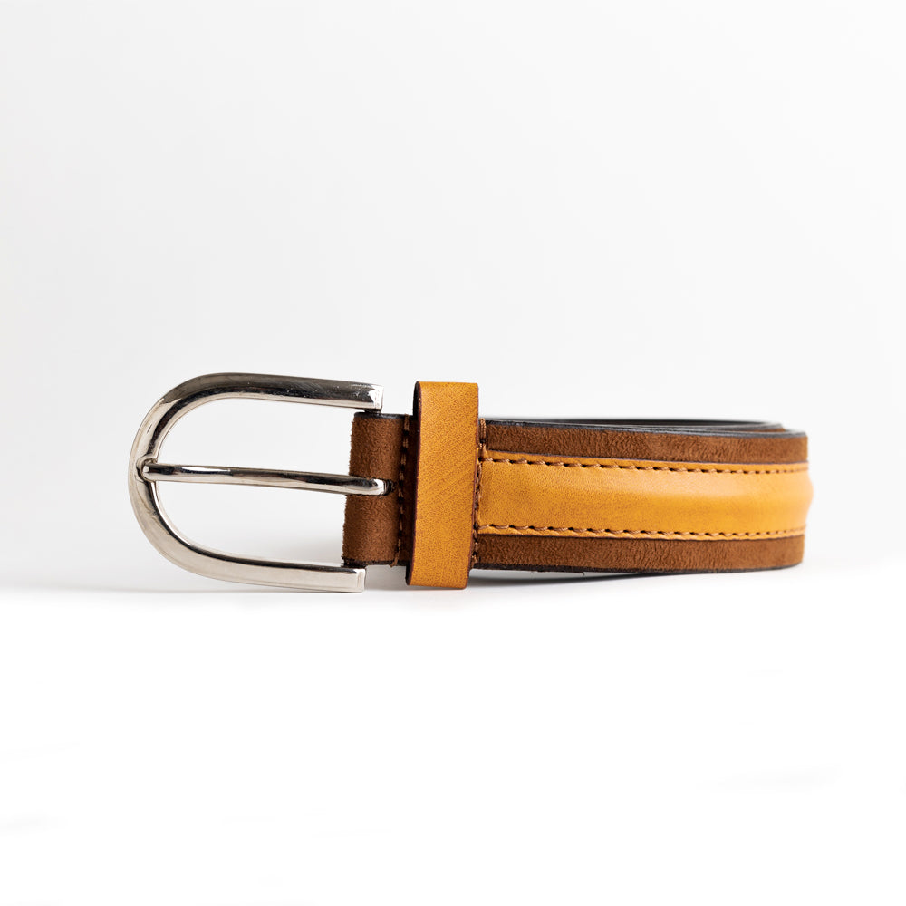 A MonkStory Dual Color Classic Mens Belt made from eco-friendly materials, featuring a combination of brown and tan leather, showcased on a white background.