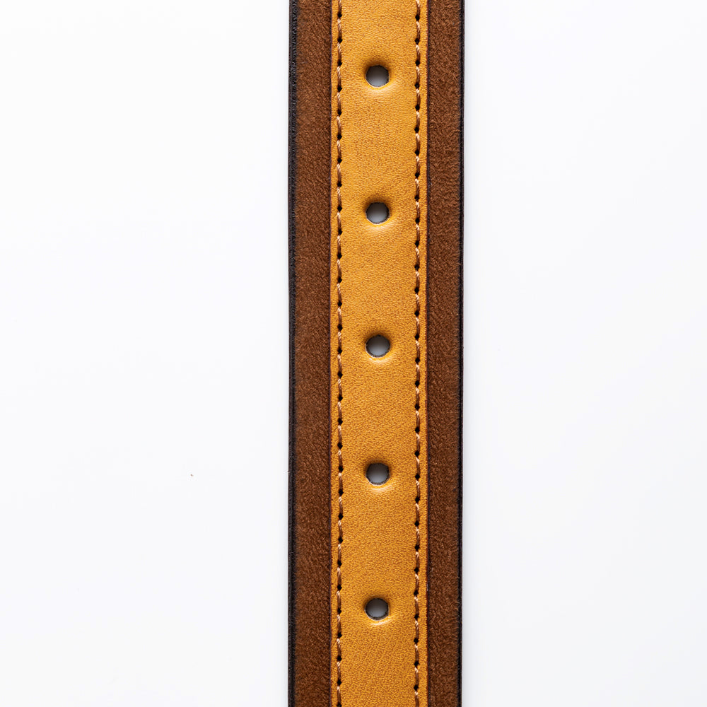 A MonkStory Dual Color Classic Mens Belt made from eco-friendly materials, featuring a combination of brown and tan leather, showcased on a white background.