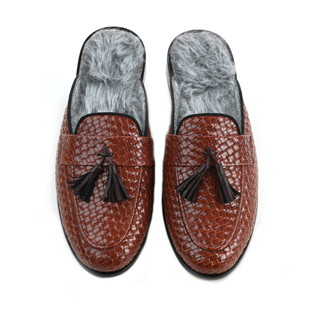 A monkstory men's high-class brown woven slipper with tassels and Luxious Mule Shoes Tan faux-fur insoles.