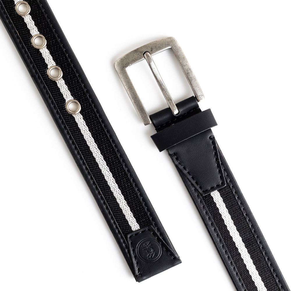 A MONKSTORY vegan belt with a silver buckle.