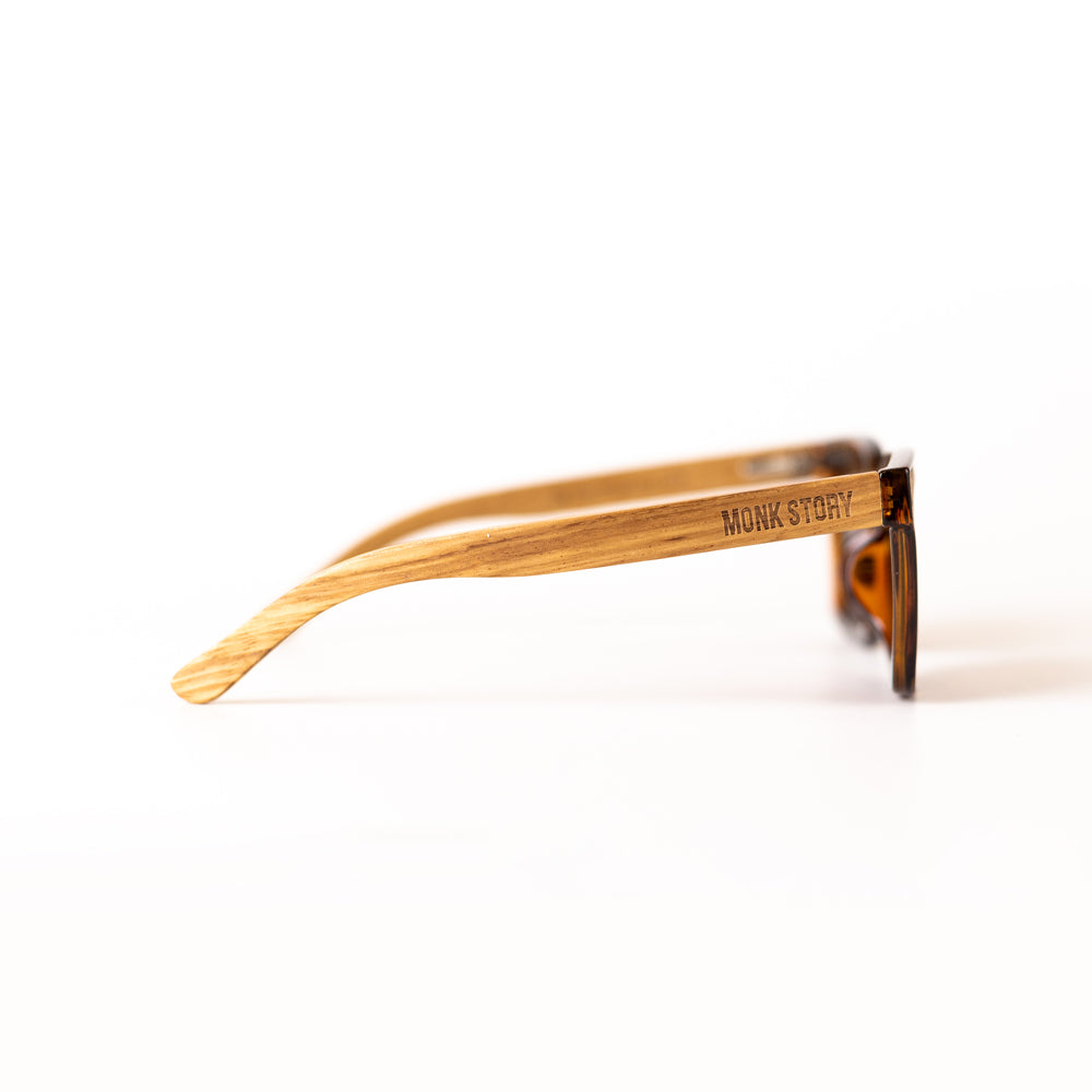 A pair of MonkStory Woody Wood+Acetate unisex sunglasses with brown lenses on a white background.