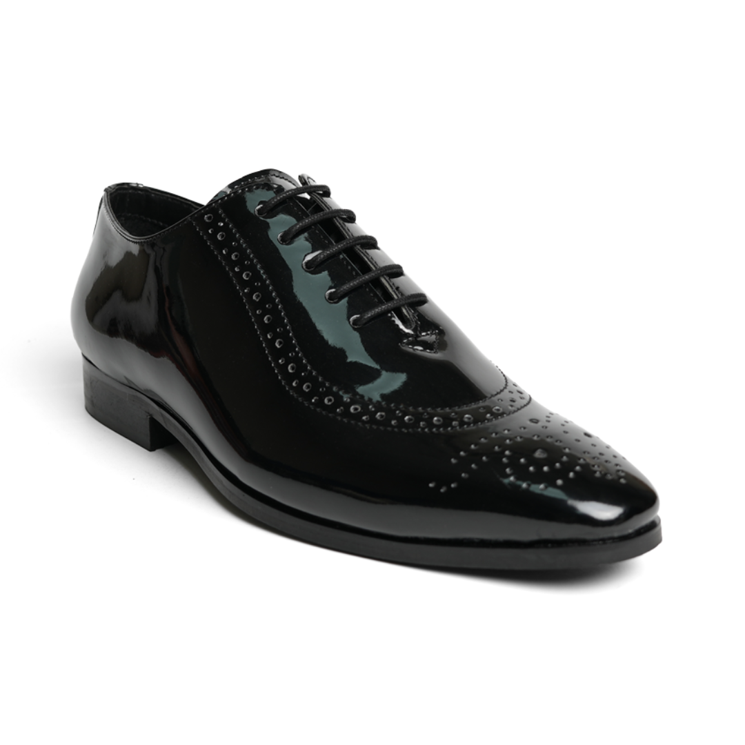 Monkstory Glossy Classic Patent Oxford Lace-Ups - Black shoes with rubberised soles.